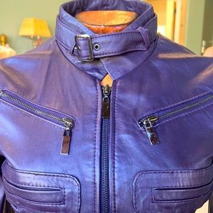 Dark plum 100% genuine leather fitted biker bebe jacket.